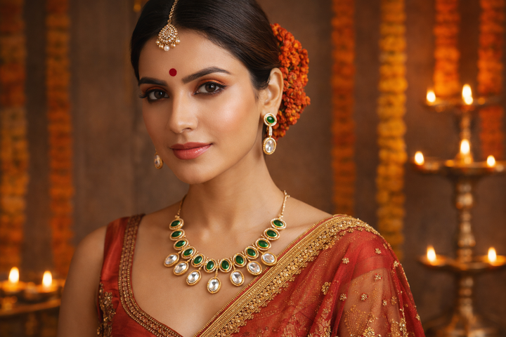 Auric emerald kundan drop elegance necklace set for women