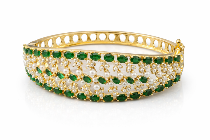 Auric Emerald Pearl Elegance Gold Bangle